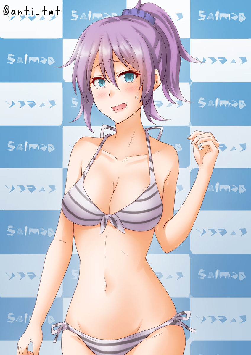 1girl anti_(untea9) aoba_(kancolle) bikini blue_eyes breasts cleavage collarbone hair_ornament hair_scrunchie high_ponytail highres kantai_collection large_breasts light_blush looking_at_viewer narrow_waist navel open_mouth purple_hair purple_scrunchie scrunchie sofmap_background solo step_and_repeat striped striped_bikini sweatdrop swimsuit twitter_username