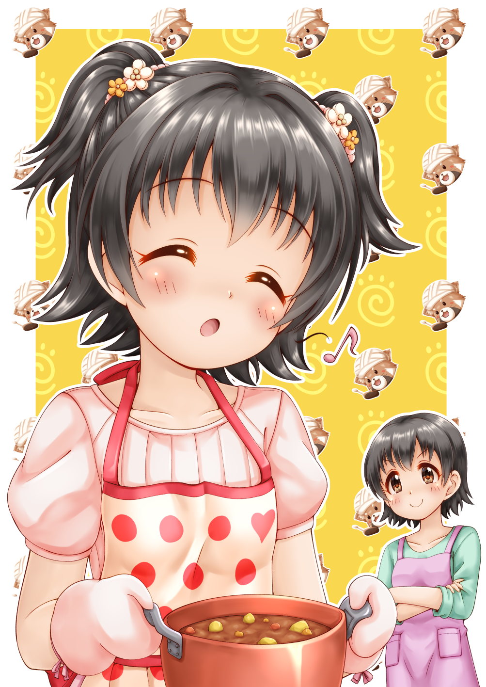 &gt;:) 2girls ^_^ akagi_miria apron black_hair blush brown_eyes brown_flower closed_eyes closed_mouth collarbone eighth_note flower food green_skirt hair_flower hair_ornament highres holding idolmaster idolmaster_cinderella_girls long_sleeves mother_and_daughter multiple_girls musical_note oven_mitts pink_shirt polka_dot polka_dot_apron pot puffy_short_sleeves puffy_sleeves purple_apron regular_mow shirt short_hair short_sleeves skirt smile two-tone_background two_side_up v-shaped_eyebrows white_apron white_background white_flower yellow_background