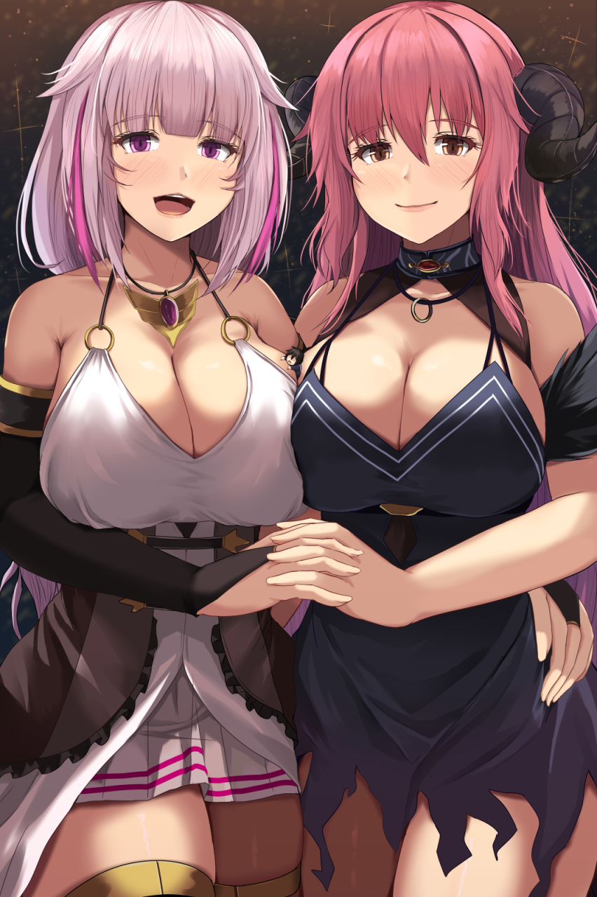 2girls bangs bare_shoulders barefoot blue_dress boots breasts bridal_gauntlets choker cleavage dress halterneck highres holding_hands horns interlocked_fingers jewelry kanzaki_kureha large_breasts long_hair looking_at_viewer multicolored_hair multiple_girls necklace o-ring open_mouth original pink_eyes pink_hair short_hair sidelocks smile standing streaked_hair thigh_boots thighhighs white_dress yellow_eyes