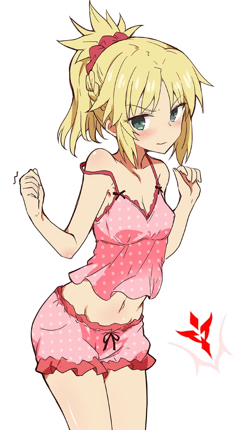 1girl alternate_costume blush breasts clenched_hand clothing_request command_spell fate/grand_order fate_(series) green_eyes groin hair_ornament hair_scrunchie highres itamochi looking_at_viewer midriff mordred_(fate) mordred_(fate)_(all) navel polka_dot ponytail red_scrunchie scrunchie small_breasts solo strap_slip v-shaped_eyebrows white_background