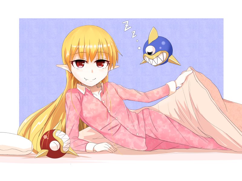 1girl artist_request blanket blonde_hair breasts closed_mouth fang long_hair looking_at_viewer marivel_armitage pajamas pillow pointy_ears red_eyes sharp_teeth smile teeth wild_arms wild_arms_2 zzz