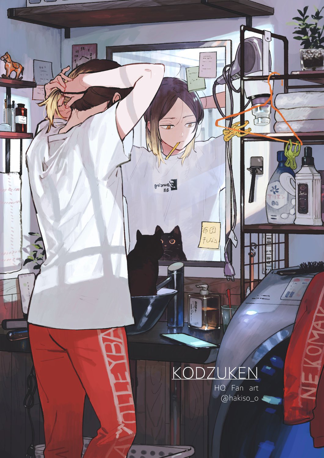 1boy arms_behind_back black_cat cat cellphone clock clothes_hanger clothes_pin detergent haikyuu!! hair_dryer hair_iron hakiso_o highres indoors interior kozume_kenma laundry_basket male_focus mirror multicolored_hair orange_eyes pants phone plant potted_plant red_pants shirt short_sleeves sink smartphone soap solo standing sticky_note toothbrush towel two-tone_hair tying_hair washing_machine white_shirt