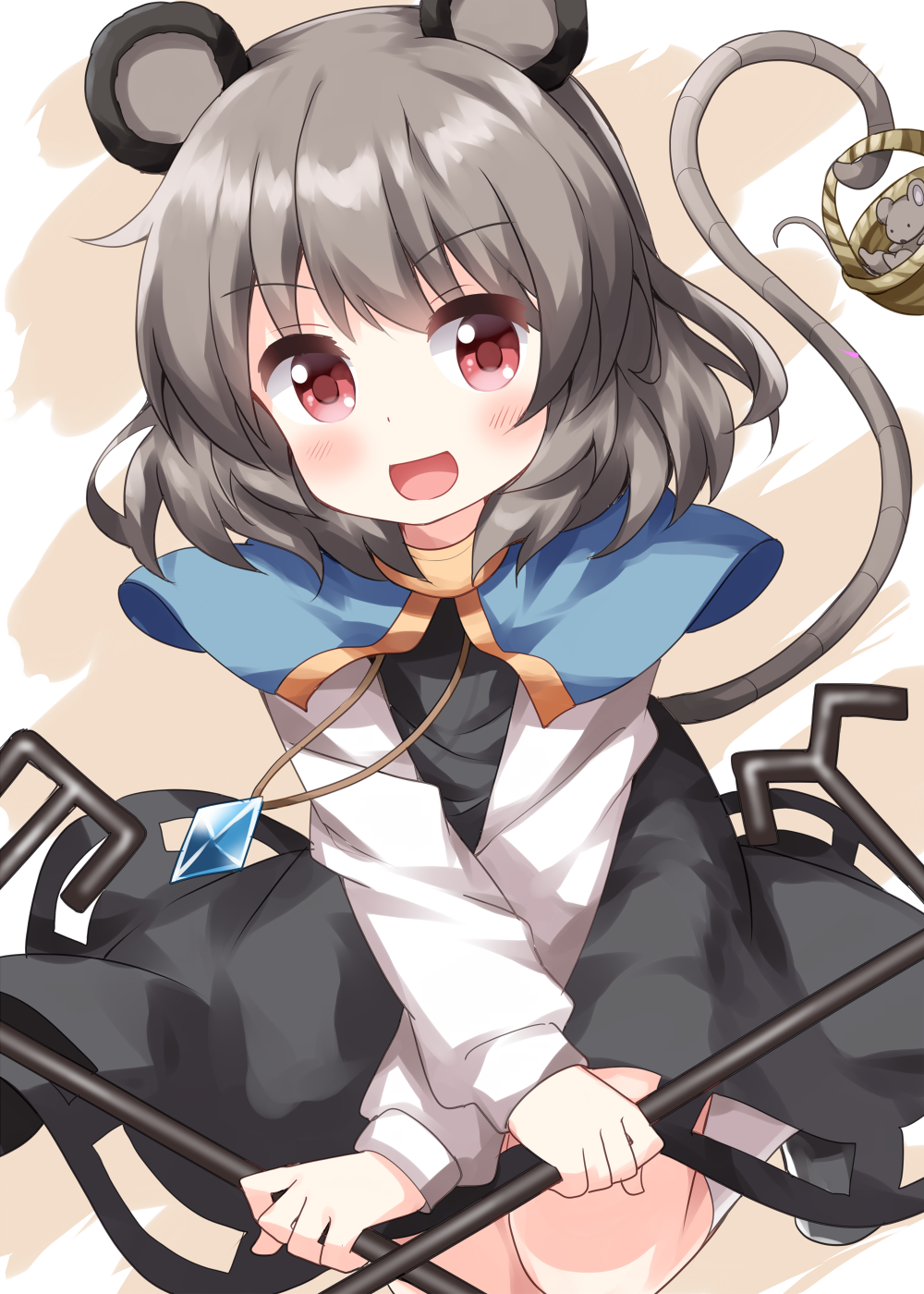 1girl animal_ears bangs crossed_arms crystal dress eyebrows_visible_through_hair grey_dress grey_hair hair_between_eyes highres long_sleeves looking_at_viewer mouse_ears mouse_tail nazrin open_mouth red_eyes ruu_(tksymkw) short_hair smile solo tail touhou white_sleeves yellow_background