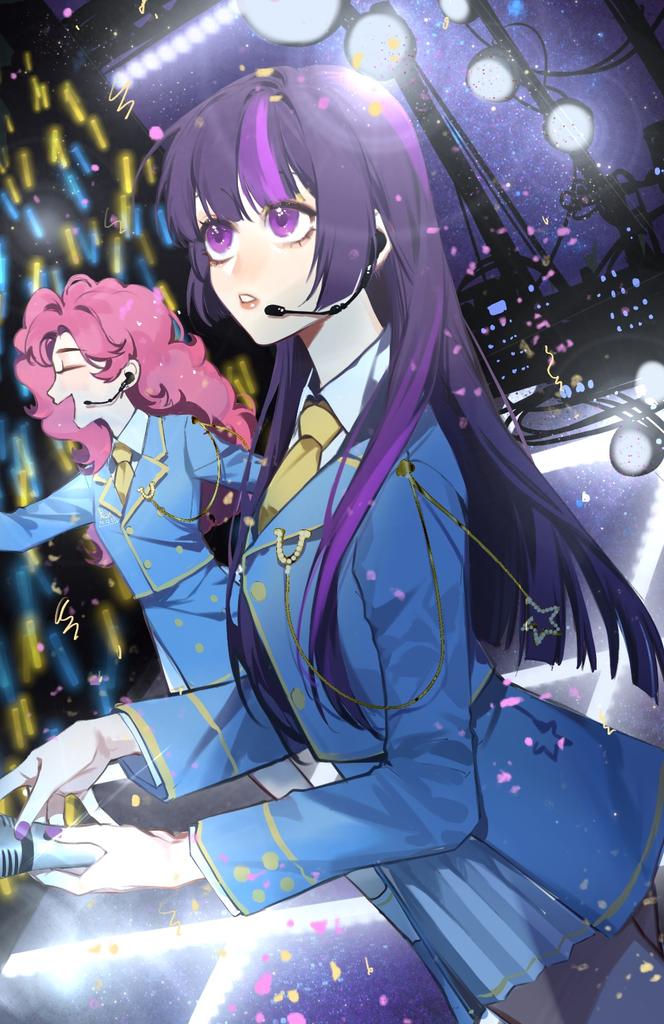 2girls bangs blunt_bangs collared_shirt concert glowstick hime_cut holding holding_microphone idol idol_clothes long_hair microphone multicolored_hair multiple_girls music my_little_pony my_little_pony_friendship_is_magic necktie personification pinkie_pie purple_eyes purple_hair shirt singing stage stage_lights streaked_hair twilight_sparkle xieyanbbb