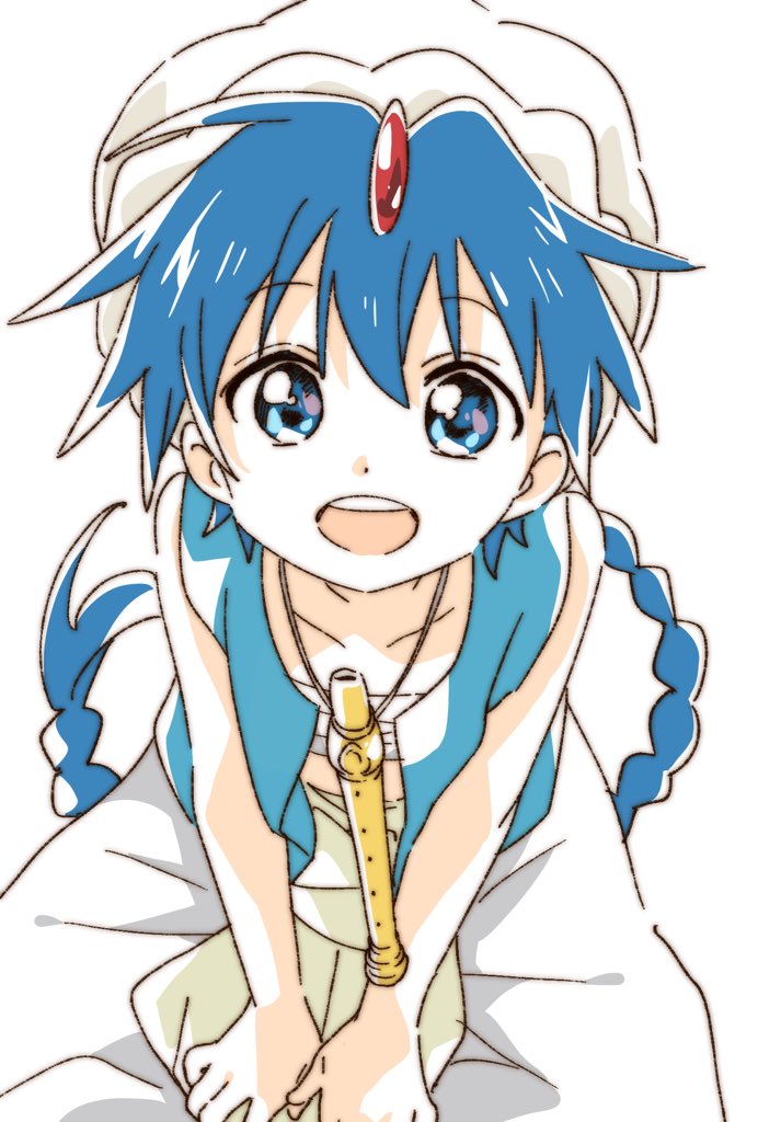 1boy aladdin_(magi) blue_eyes blue_hair braid earrings flute instrument jewelry long_hair magi_the_labyrinth_of_magic namori simple_background smile white_background