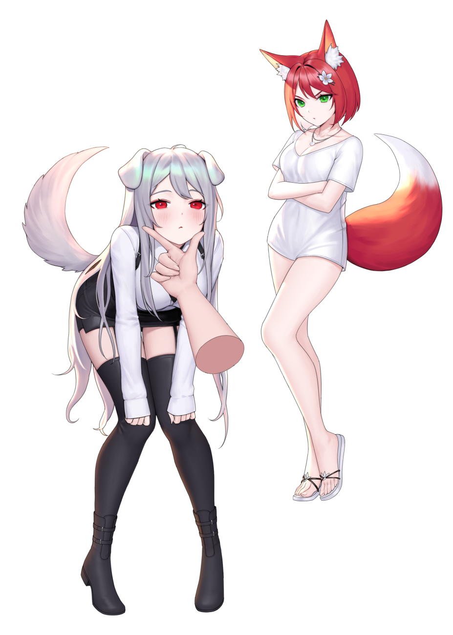 2girls animal_ears black_footwear black_legwear black_skirt boots breasts cleavage closed_mouth commission crossed_arms dog_ears dog_girl dog_tail fox_ears fox_girl fox_tail garter_straps green_eyes highres jewelry leaning_forward long_hair long_sleeves looking_at_viewer medium_breasts miniskirt multiple_girls necklace no_pants original red_eyes red_hair shirt short_hair silver_hair simple_background siun skirt tail thighhighs v-shaped_eyebrows very_long_hair white_background white_shirt zettai_ryouiki