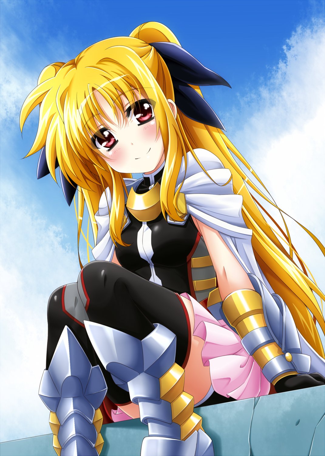 1girl armor bangs black_legwear black_leotard black_ribbon blonde_hair blue_sky cape cloud cloudy_sky commentary_request day eyebrows_visible_through_hair fate_testarossa gauntlets gloves greaves grey_footwear hair_ribbon highres leotard long_hair looking_at_viewer lyrical_nanoha magical_girl mahou_shoujo_lyrical_nanoha_reflection miniskirt open_mouth outdoors pink_skirt pleated_skirt red_eyes ribbon sitting skirt sky smile solo thighhighs twintails white_cape yellow_gloves yorousa_(yoroiusagi)