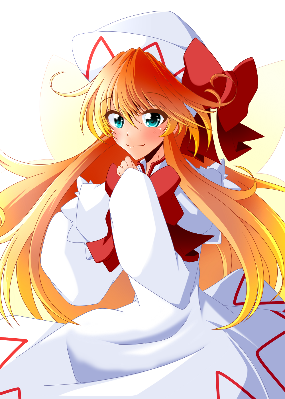1girl bangs blue_eyes bow closed_mouth dress eyebrows_visible_through_hair eyes_visible_through_hair fairy_wings hair_between_eyes hands_up hat highres lily_white long_hair long_sleeves looking_at_viewer muumuu_(sirufuruteienn) one-hour_drawing_challenge orange_hair red_bow red_neckwear simple_background smile solo touhou white_background white_dress white_headwear white_sleeves wings