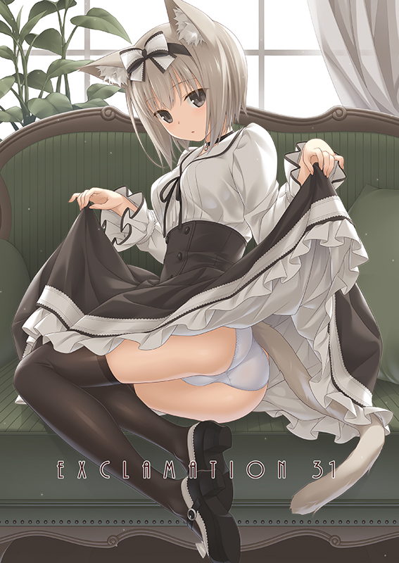 1girl animal_ear_fluff animal_ears black_footwear black_legwear black_ribbon bow buttons cat_ears cat_tail clothes_lift couch curtains frilled_skirt frilled_sleeves frills full_body grey_eyes grey_hair hairband hashimoto_takashi leaf original panties pillow plant ribbon short_hair sitting skirt skirt_lift solo tail thighhighs underwear white_panties window