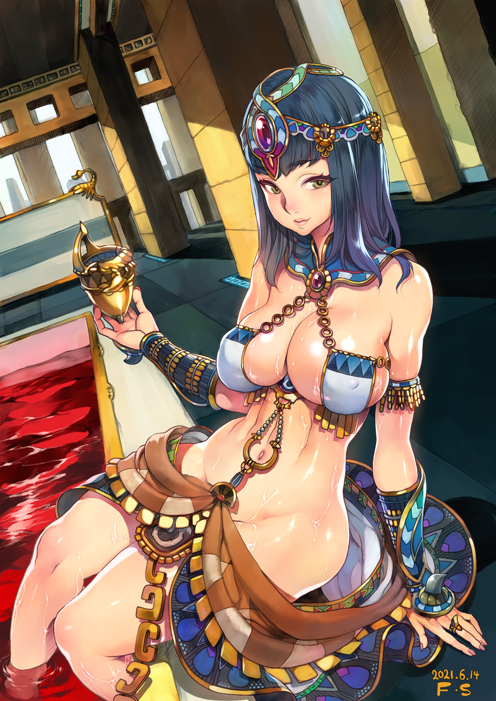 1girl black_hair breasts brown_eyes cup f.s. goblet headpiece highres holding holding_cup indoors large_breasts long_hair navel original poolside revealing_clothes sitting soaking_feet solo