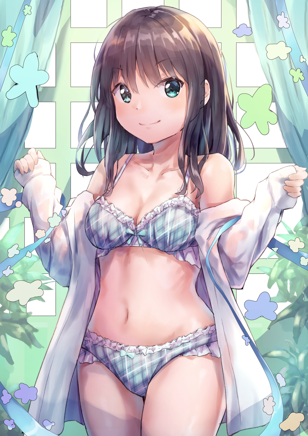 1girl aqua_bra aqua_eyes aqua_panties bangs bow bow_panties bra breasts brown_hair cleavage closed_mouth collarbone cowboy curtains eyebrows_visible_through_hair flower frilled_bra frilled_panties frills highres kyon_(kyouhei-takebayashi) long_hair long_sleeves looking_at_viewer navel original panties ribbon shirt small_breasts smile solo underwear v-shaped_eyebrows western white_shirt window