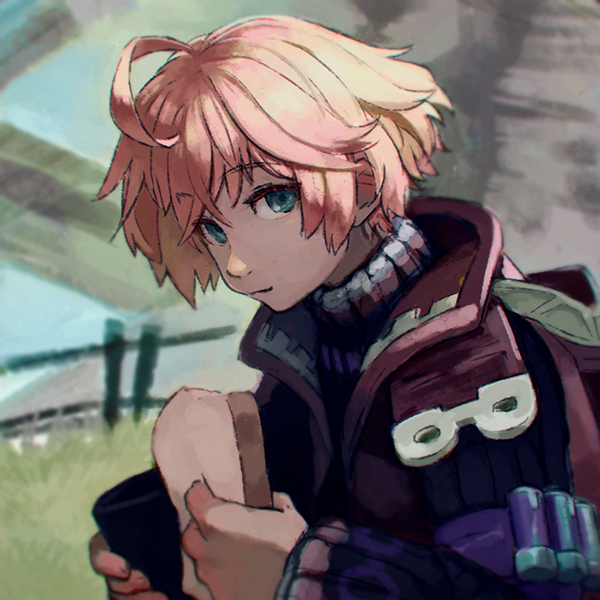 1boy blonde_hair blue_eyes cup food gloves looking_at_viewer male_focus reiesu_(reis) sandwich short_hair shulk_(xenoblade) simple_background solo vest weapon xenoblade_chronicles xenoblade_chronicles_(series)