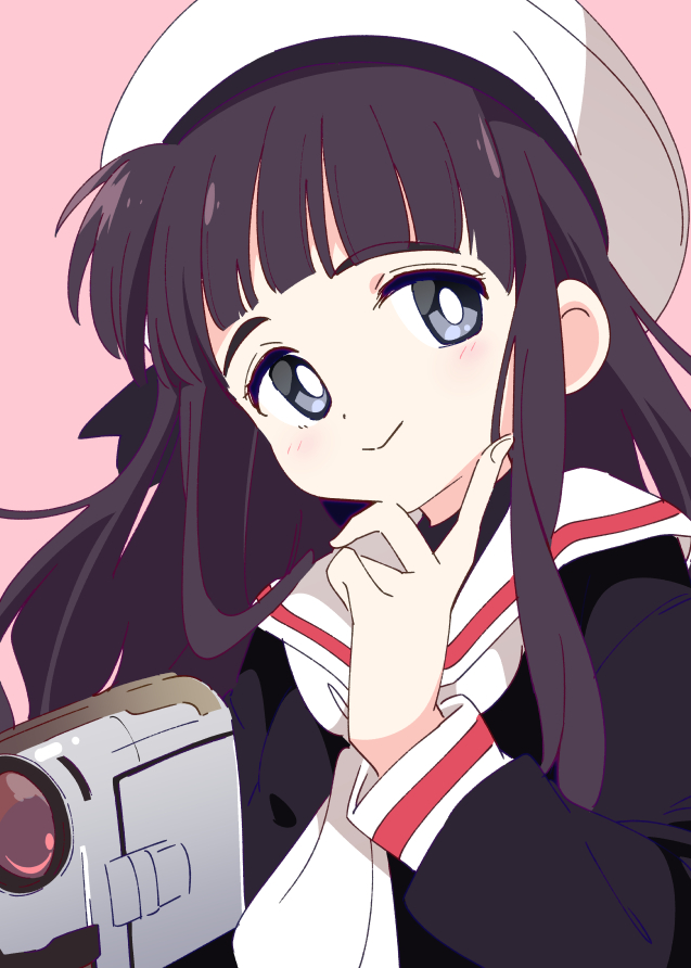 1girl bangs beret black_eyes black_hair black_shirt blunt_bangs blush camcorder cardcaptor_sakura daidouji_tomoyo finger_to_cheek hat holding_camcorder ixy long_hair long_sleeves looking_at_viewer neckerchief pink_background red_stripes sailor_collar school_uniform serafuku shirt smile tomoeda_elementary_school_uniform white_headwear white_neckwear