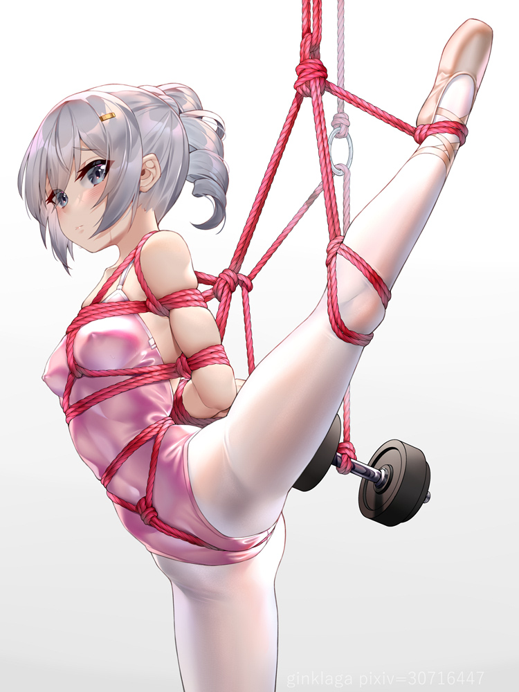 1girl arms_behind_back ass bangs bare_arms bare_shoulders bdsm blush bondage bound bound_arms bound_legs bound_wrists breasts bronya_zaychik brown_footwear closed_mouth collarbone commentary_request covered_nipples from_side ginklaga hair_ornament hairclip honkai_(series) honkai_impact_3rd leg_up looking_at_viewer pantyhose red_rope restrained rope shibari shibari_over_clothes shiny shiny_hair short_hair silver_hair skindentation small_breasts solo standing standing_on_one_leg suspension tied_up white_legwear