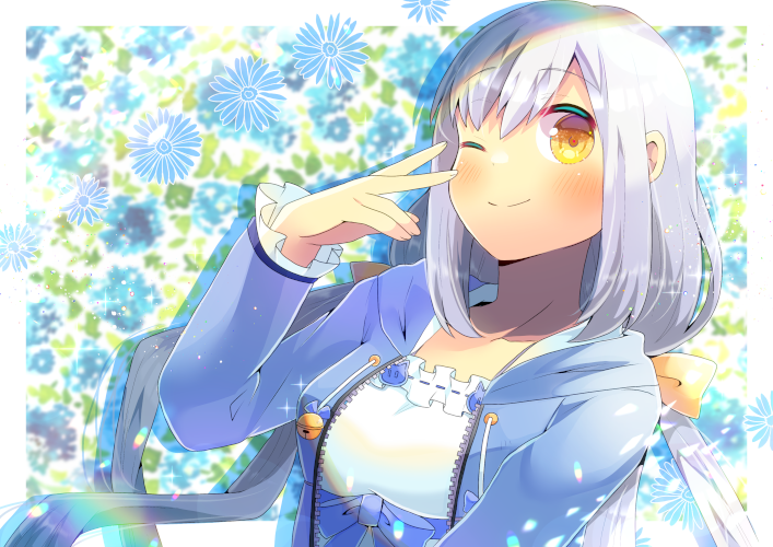 1girl ;) bangs bell blue_bow blue_jacket blush bow brown_eyes closed_mouth collarbone commentary_request drawstring eyebrows_visible_through_hair floral_background grey_hair hand_up hood hood_down hooded_jacket jacket jingle_bell kouu_hiyoyo long_hair long_sleeves low_twintails one_eye_closed open_clothes open_jacket original shirt smile solo twintails white_shirt