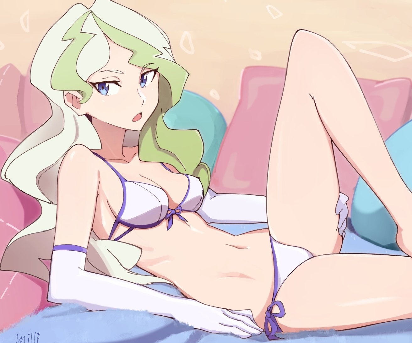 1girl 90millimetri bikini blonde_hair blue_eyes breasts cleavage collarbone diana_cavendish elbow_gloves gloves little_witch_academia long_hair looking_at_viewer medium_breasts navel open_mouth pillow shiny shiny_skin side-tie_bikini solo swimsuit white_bikini white_gloves