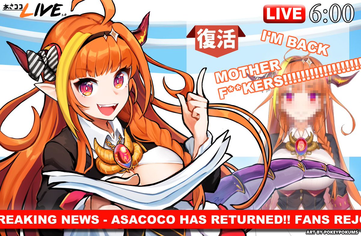 1girl ahoge artist_name asacoco bangs black_jacket blonde_hair blunt_bangs bow braid breaking_news breasts brooch brown_hairband censored censored_text chain_necklace cleavage cleavage_cutout clothing_cutout collared_shirt commentary diagonal-striped_bow dragon_girl dragon_horns dragon_tail english_commentary english_text eyebrows_visible_through_hair fangs gem hairband hand_up holding holding_paper hololive horn_bow horns index_finger_raised jacket jewelry kiryu_coco large_breasts long_hair looking_at_viewer mosaic_censoring multicolored_hair multiple_views news open_mouth orange_hair paper pointless_censoring pointy_ears pokey profanity purple_eyes shirt side_braid sidelocks signature single_braid streaked_hair striped striped_bow tail upper_body upper_teeth virtual_youtuber white_shirt