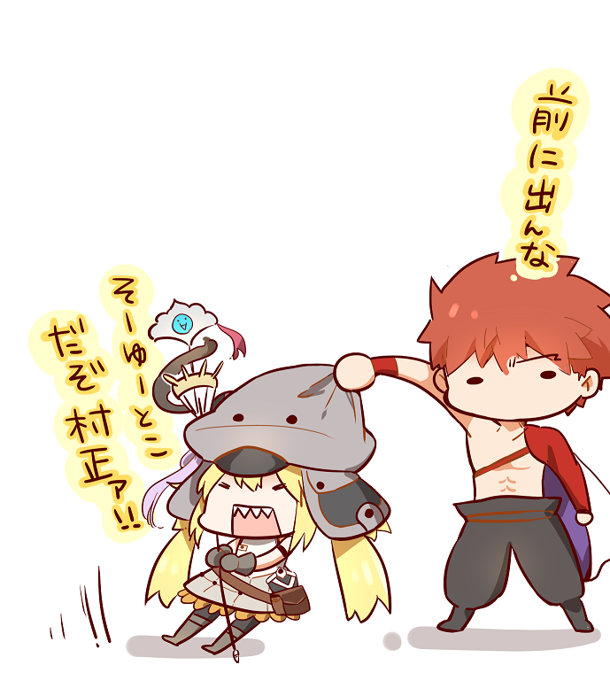 1boy 1girl artoria_pendragon_(all) artoria_pendragon_(caster)_(fate) blonde_hair chibi dragging emiya_shirou fate/grand_order fate_(series) grey_headwear hat holding limited/zero_over open_mouth pouch pulling rectangular_mouth red_hair sengo_muramasa_(fate) sharp_teeth simple_background staff teeth translation_request tsuchiya_madose white_background wristband