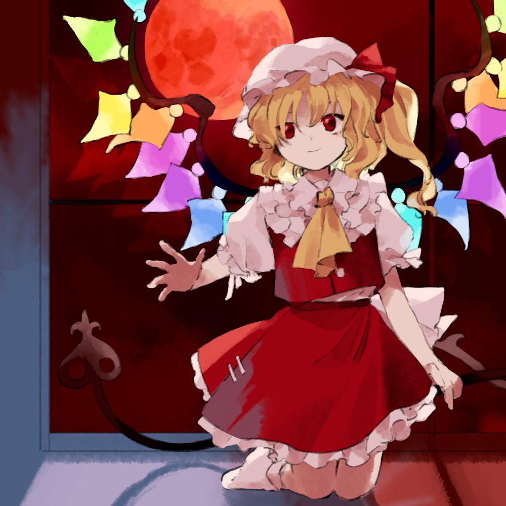 1girl bangs blonde_hair bow buttons collar crystal flandre_scarlet frilled_collar frills hat kaigen_1025 kneeling laevatein light_smile mob_cap moon one_side_up puffy_short_sleeves puffy_sleeves red_bow red_eyes red_moon red_skirt red_vest short_hair short_sleeves side_ponytail skirt socks solo touhou vest waist_bow wavy_hair wings zun_(style)