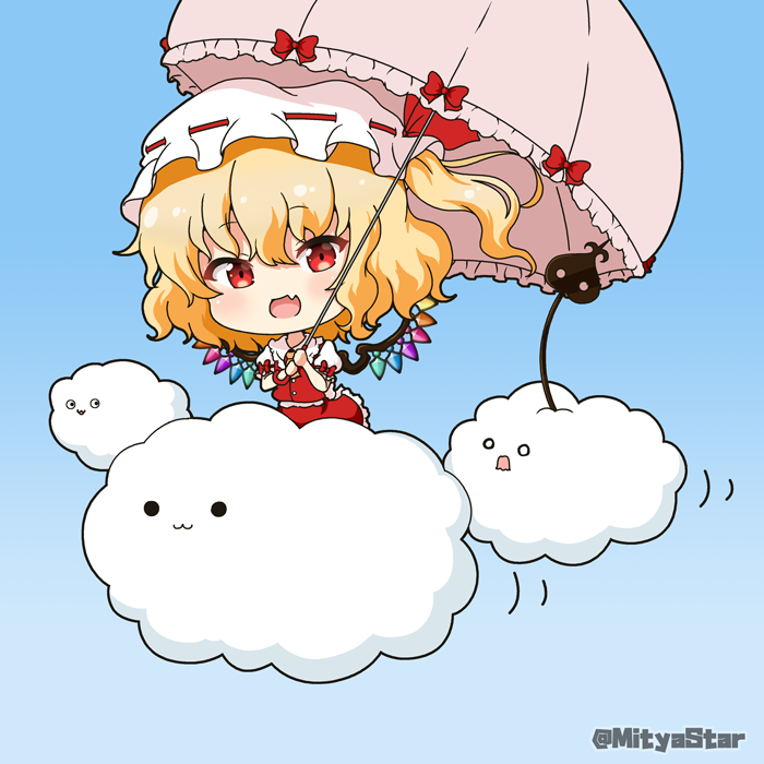 1girl :3 :d bangs blonde_hair blue_background blush bow cloud collared_shirt commentary_request crystal eyebrows_visible_through_hair fang flandre_scarlet frilled_shirt_collar frilled_umbrella frills gradient gradient_background hair_between_eyes hat holding holding_umbrella laevatein looking_at_viewer miicha mob_cap o_o one_side_up open_mouth pink_umbrella puffy_short_sleeves puffy_sleeves red_bow red_ribbon red_skirt red_vest ribbon shirt short_sleeves skirt skirt_set smile solid_circle_eyes solo touhou twitter_username umbrella vest white_headwear white_shirt wings