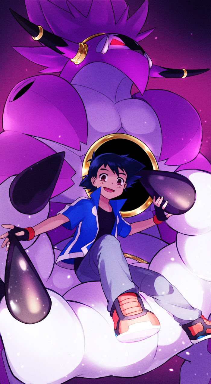 1boy :d ame_(ame025) ash_ketchum bangs black_gloves black_hair black_shirt blue_jacket brown_eyes claws fingerless_gloves from_below gen_6_pokemon gloves highres hoopa hoopa_(unbound) jacket looking_at_viewer male_focus mythical_pokemon open_clothes open_jacket open_mouth orange_footwear pants pokemon pokemon_(anime) pokemon_xy_(anime) shirt shoes short_hair short_sleeves sitting smile