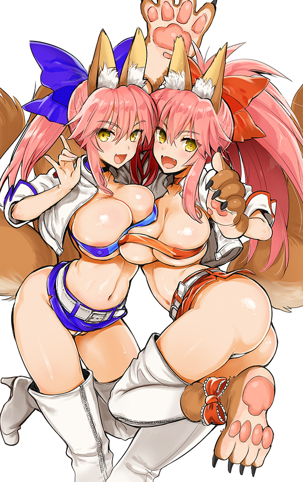 2girls :d animal_ear_fluff animal_ears areola_slip areolae ass asymmetrical_docking bandeau belt blue_bow boots bow breast_press breasts claws covered_nipples cropped_jacket fang fate/grand_order fate_(series) fox_ears fox_shadow_puppet fox_tail gloves hair_bow high_heel_boots high_heels jacket kojima_saya large_breasts long_hair looking_at_viewer microskirt multiple_girls open_clothes open_jacket open_mouth panties paw_boots paw_gloves paws pink_hair ponytail purple_skirt red_skirt simple_background skin_fang skirt smile standing standing_on_one_leg tail tamamo_(fate)_(all) tamamo_cat_(fate) tamamo_no_mae_(fate) thigh_boots thighhighs thong twintails underwear white_background white_belt white_footwear white_jacket white_legwear white_panties yellow_eyes