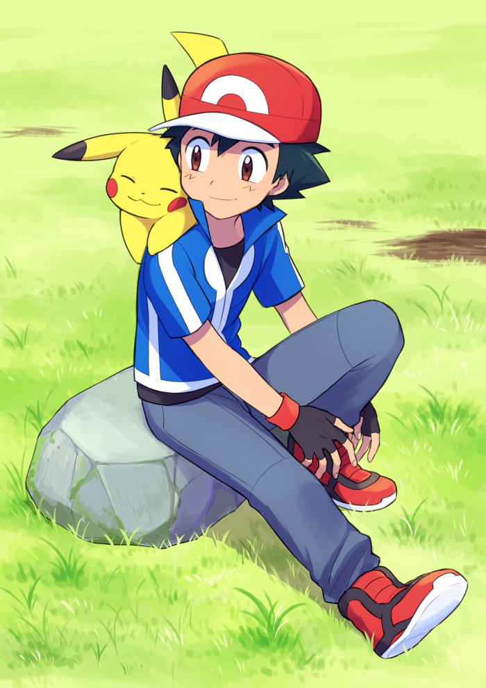 1boy ame_(ame025) ash_ketchum bangs baseball_cap black_gloves black_hair blue_jacket brown_eyes closed_mouth collared_jacket day fingerless_gloves gen_1_pokemon gloves grass grey_pants hat jacket looking_back male_focus outdoors pants pikachu pokemon pokemon_(anime) pokemon_on_back pokemon_xy_(anime) popped_collar red_footwear red_headwear rock shoes short_hair short_sleeves sitting smile