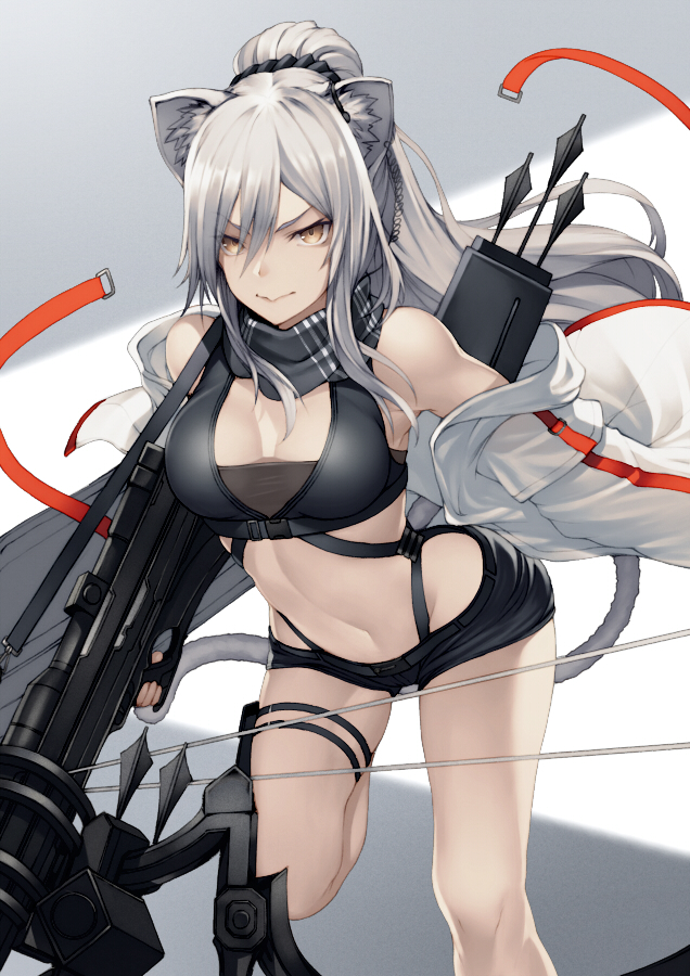 1girl animal_ear_fluff animal_ears arknights arrow_(projectile) bag bangs banned_artist bare_shoulders black_scarf black_shorts breasts cat_ears cat_tail cleavage closed_mouth commentary_request crop_top crossbow earpiece eyebrows_visible_through_hair groin hair_between_eyes holding holding_crossbow holding_weapon jacket kyoeiki large_breasts long_hair midriff navel off_shoulder open_clothes open_jacket partial_commentary ponytail quiver scarf schwarz_(arknights) short_shorts shorts shoulder_bag sidelocks silver_hair simple_background skindentation snap-fit_buckle solo standing standing_on_one_leg tail thigh_pouch underbust weapon white_background white_jacket yellow_eyes