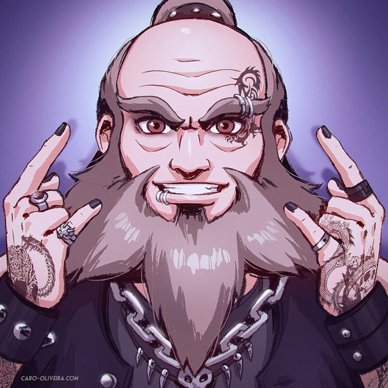 1boy \m/ alternate_universe arm_tattoo avatar:_the_last_airbender avatar_(series) bald_spot biker_clothes black_nails brown_hair caro_oliveira chain_necklace dragon_tattoo english_commentary eyebrow_piercing facial_tattoo fingernails grey_hair grin iroh jewelry lip_piercing looking_at_viewer male_focus multiple_piercings nail_polish old old_man piercing reward_available ring smile solo tattoo thick_eyebrows topknot wrinkles