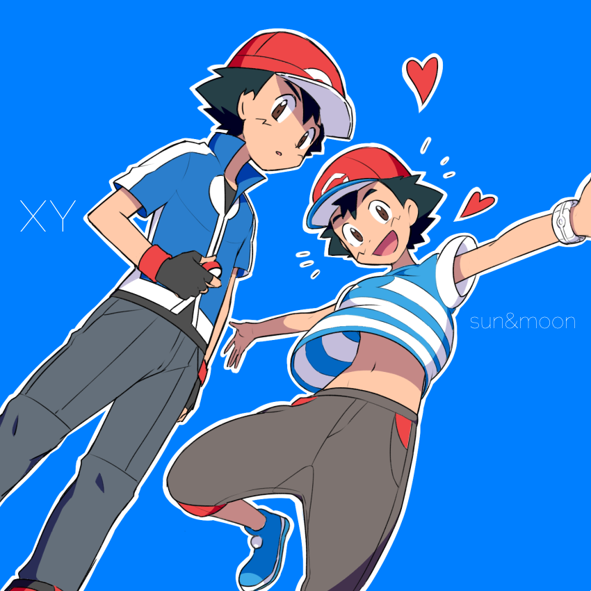 2boys :d ame_(ame025) ash_ketchum bangs baseball_cap black_hair blue_background blue_footwear blue_jacket brown_eyes brown_pants collared_jacket commentary_request copyright_name dual_persona grey_pants hat heart holding holding_poke_ball jacket looking_at_viewer looking_down male_focus multiple_boys open_mouth outline pants parted_lips poke_ball poke_ball_(basic) pokemon pokemon_(anime) pokemon_sm_(anime) pokemon_xy_(anime) popped_collar red_headwear shirt shoes short_hair short_sleeves simple_background smile striped striped_shirt t-shirt tongue