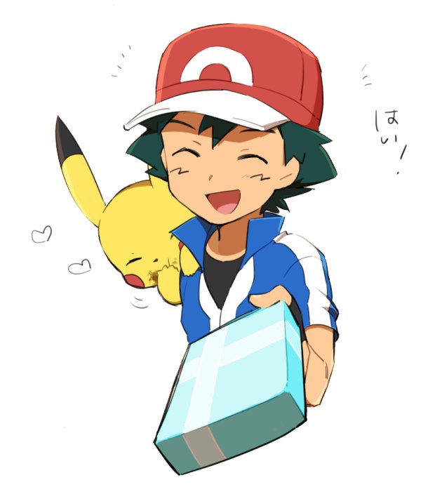 1boy ame_(ame025) ash_ketchum bangs baseball_cap black_gloves black_shirt blue_jacket box collared_jacket commentary_request eating facing_viewer fingerless_gloves food food_on_face gen_1_pokemon gloves green_hair hat heart holding holding_box incoming_gift jacket male_focus on_shoulder open_mouth pikachu pokemon pokemon_(anime) pokemon_(creature) pokemon_on_shoulder pokemon_xy_(anime) popped_collar red_headwear shirt short_hair short_sleeves simple_background smile tongue white_background |d