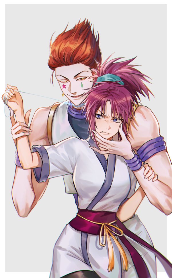 1boy 1girl arm_grab blood blue_eyes bracelet breasts cowboy_shot disgust earrings evil_smile eyebrows_visible_through_hair facial_mark fingernails hair_between_eyes hair_slicked_back hand_on_another's_face height_difference hisoka_morow holding holding_needle hunter_x_hunter japanese_clothes jewelry kimono korean_commentary long_fingernails looking_at_another machi_(hunter_x_hunter) medium_breasts medium_hair messy_hair needle pink_hair ponytail ppap_(11zhakdpek19) red_hair sash short_sleeves simple_background sleeveless smile star_facial_mark tabi teardrop_facial_mark tied_hair toned toned_male upper_body vest white_kimono yellow_eyes