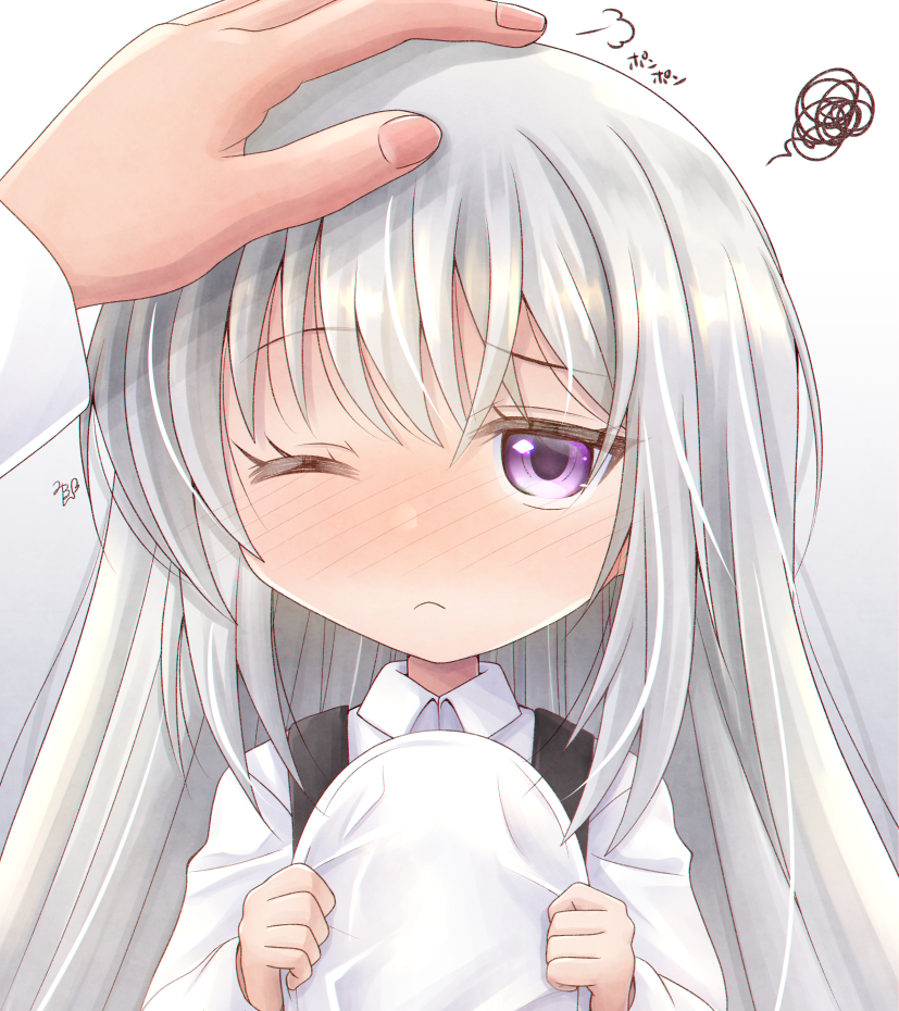 1girl ;( azur_lane bangs blush closed_mouth collared_shirt commander_(azur_lane) commentary_request eyebrows_visible_through_hair hair_between_eyes hat headpat headwear_removed holding holding_clothes holding_hat little_enterprise_(azur_lane) long_hair long_sleeves looking_at_viewer lower_body military_hat mirun_(funimani) nose_blush overall_skirt partial_commentary peaked_cap purple_eyes shirt sidelocks signature silver_hair simple_background solo_focus squiggle standing very_long_hair white_background white_headwear white_shirt