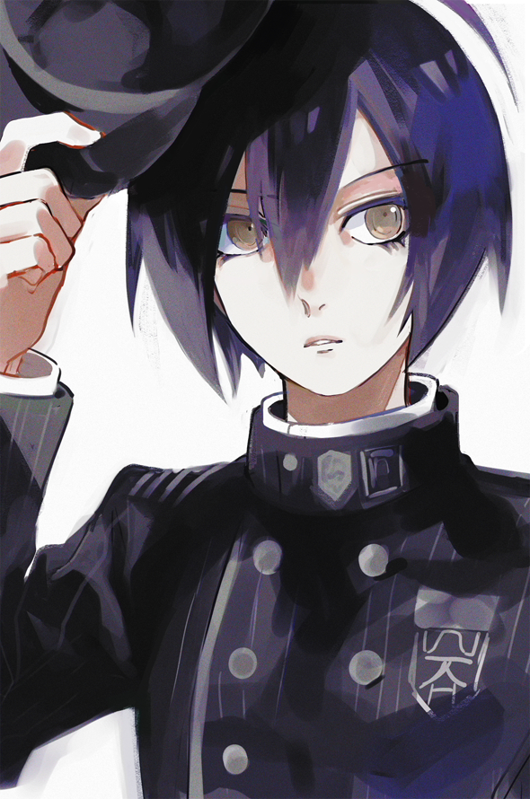 1boy bangs black_hair black_headwear black_jacket breast_pocket brown_eyes buttons chachi_(azuzu) commentary_request danganronpa_(series) danganronpa_v3:_killing_harmony double-breasted gakuran grey_background hair_between_eyes hand_up hat holding jacket long_sleeves looking_at_viewer male_focus multicolored_hair parted_lips pocket purple_hair saihara_shuuichi school_uniform simple_background solo striped_jacket teeth two-tone_hair upper_body weapon yellow_eyes