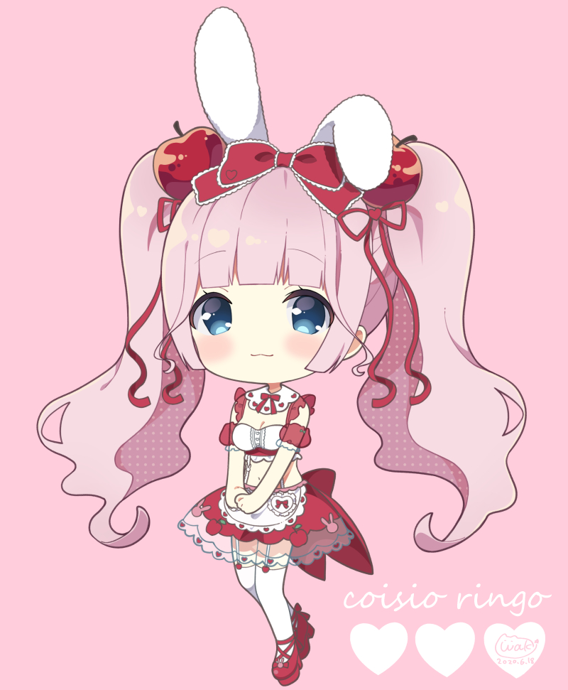 1girl :3 animal_ears apple_hair_ornament apron bangs blue_eyes blush bow breasts bunny_ears chibi cleavage closed_mouth commentary_request crop_top eyebrows_visible_through_hair food-themed_hair_ornament full_body garter_straps hair_bow hair_ornament hair_ribbon heart heart_hair_ornament long_hair looking_at_viewer medium_breasts midriff navel neki_(wakiko) original pink_background pink_hair puffy_short_sleeves puffy_sleeves red_bow red_footwear red_ribbon red_skirt ribbon see-through see-through_sleeves shoes short_sleeves simple_background skirt solo thighhighs twintails very_long_hair waist_apron white_apron white_legwear