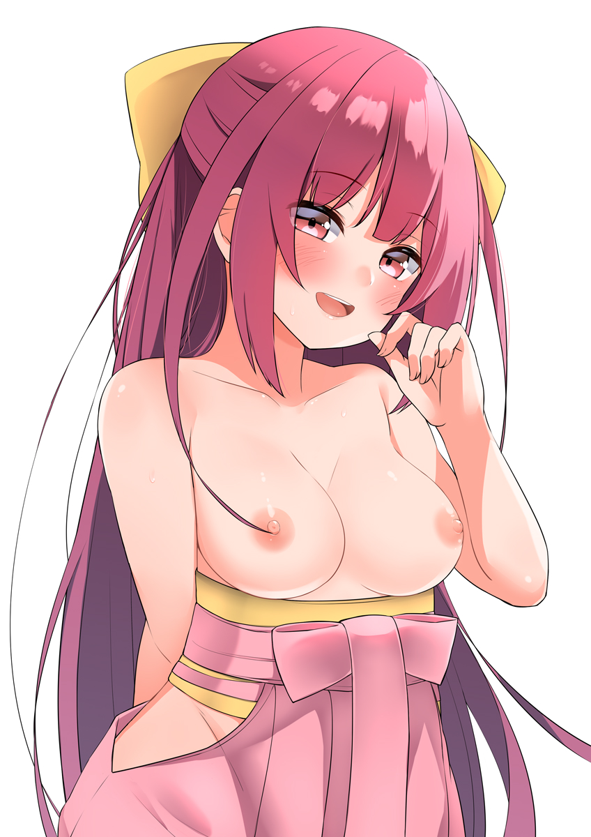 1girl :d blush bow breasts chaostein collarbone commentary_request groin hair_bow hakama hand_up highres japanese_clothes kamikaze_(kancolle) kantai_collection long_hair looking_at_viewer medium_breasts nipples obi open_mouth pink_hakama red_eyes red_hair sash simple_background smile solo topless very_long_hair white_background yellow_bow