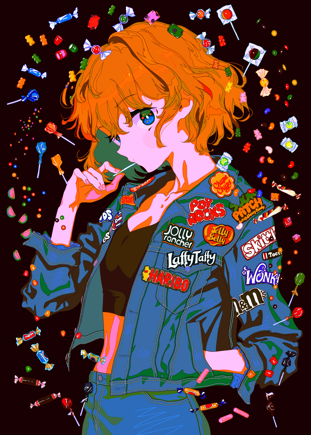 1girl black_background blue_eyes bowl_cut candy candy_wrapper chocolate clothes_writing collarbone colorful cowboy_shot crop_top denim denim_jacket eyebrows_visible_through_hair eyes_visible_through_hair fingernails flat_chest food food_in_mouth gummy_bear hand_in_jacket hand_up haribo highres jacket jeans jelly_bean lollipop looking_at_viewer m&amp;m's midriff orange_hair original pants pink_nails product_placement qqmng shiny shiny_hair short_hair simple_background solo sweets