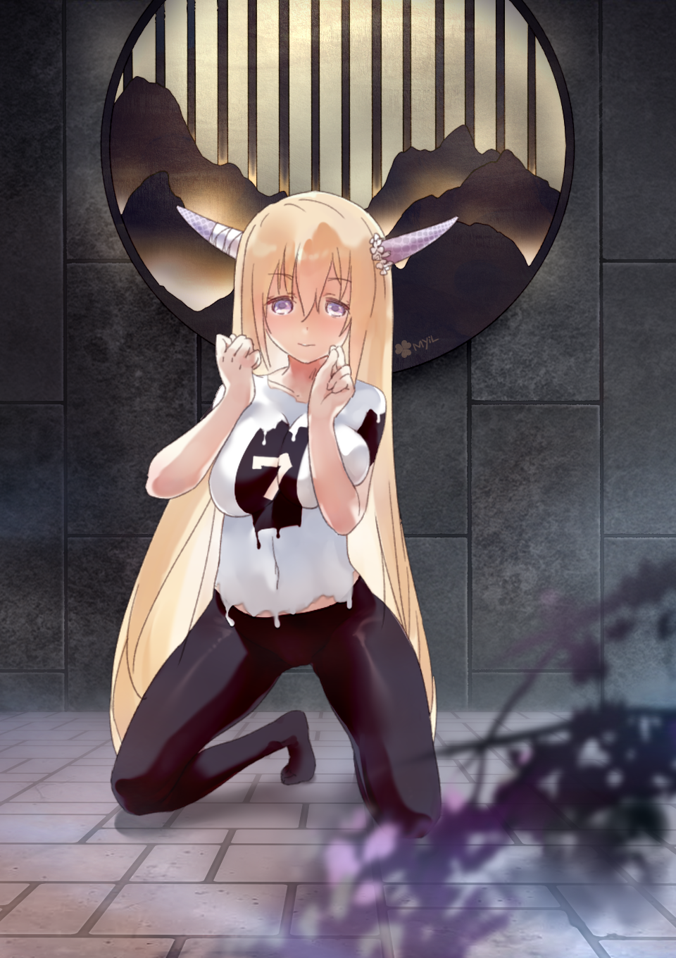 1girl bangs black_legwear blonde_hair blue_eyes bodypaint breasts closed_mouth commentary_request cookie_(touhou) covering_nipples eyebrows_visible_through_hair fairyfloss full_body hair_between_eyes highres horns ibuki_suika kneeling large_breasts leggings long_hair looking_at_viewer navel number smile solo stone_floor stone_wall topless touhou very_long_hair wall yamin_(cookie)