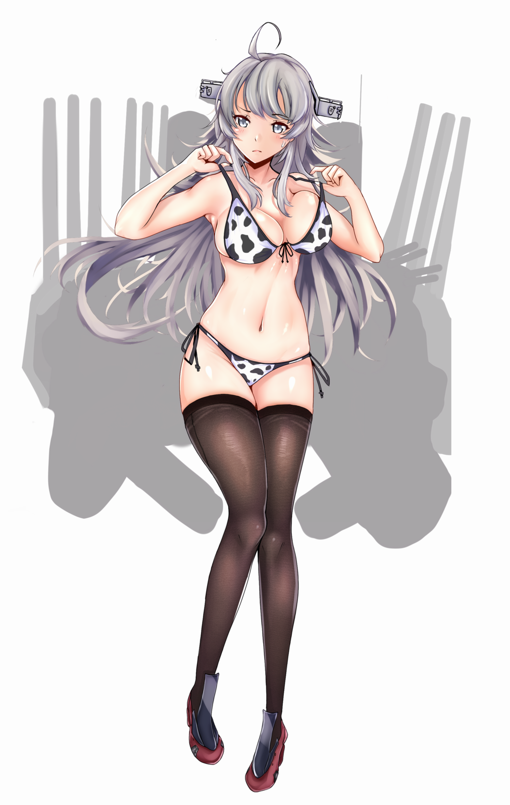 1girl ahoge animal_print bikini black_legwear breasts cleavage commentary_request cow_print front-tie_top full_body headgear highres kantai_collection large_breasts long_hair machinery multiple_girls r31harutan side-tie_bikini silhouette silver_eyes silver_hair simple_background swimsuit thighhighs washington_(kancolle) white_background