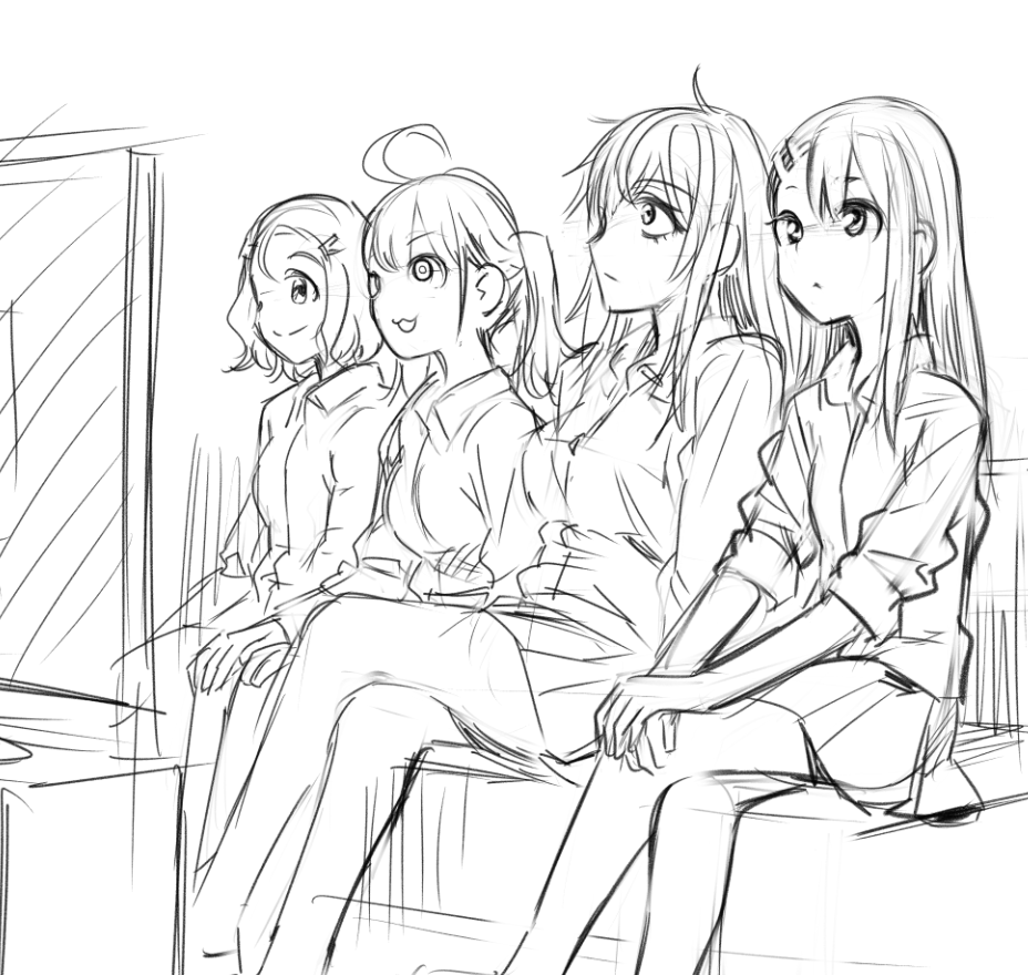 4girls 774_(nanashi) :3 ahoge bangs gaijin_4koma gamou_maki greyscale hair_ornament hairclip hands_on_own_knee ijiranaide_nagatoro-san long_hair long_sleeves looking_away meme monochrome multiple_girls nagatoro_hayase sakura_(nagatoro) school_uniform short_hair sitting sketch skirt sleeves_rolled_up smile television yoshi_(nagatoro)