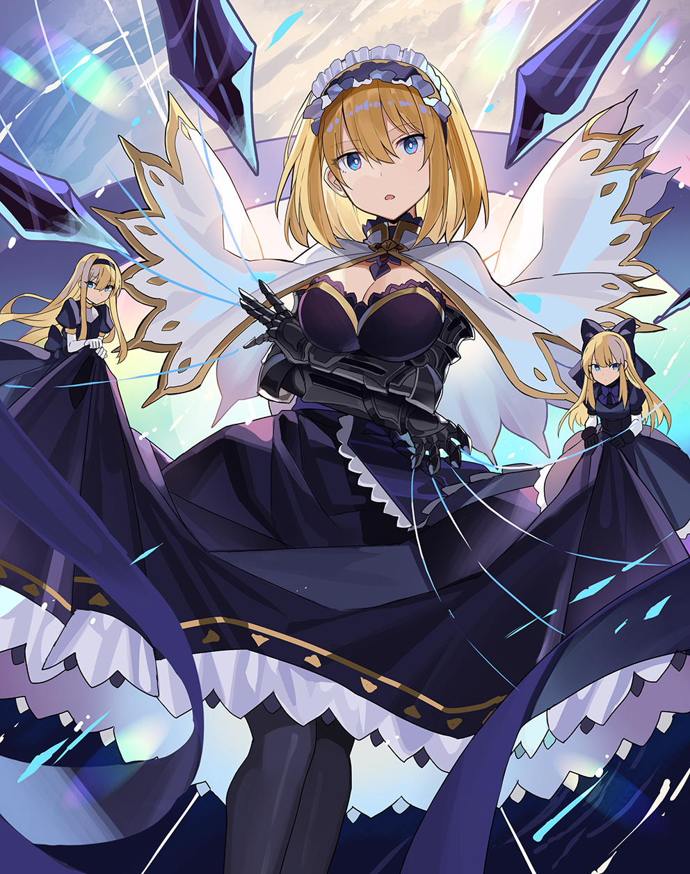 1girl alice_margatroid bangs black_bow black_dress black_legwear blonde_hair blue_background blue_eyes bow breasts cape crossed_arms doll dress duplicate eyebrows_visible_through_hair gloves hair_between_eyes hairband highres long_hair looking_at_viewer medium_breasts open_clothes pantyhose pixel-perfect_duplicate purple_hairband rainbow rin_falcon shanghai_doll short_hair solo standing touhou white_cape white_gloves