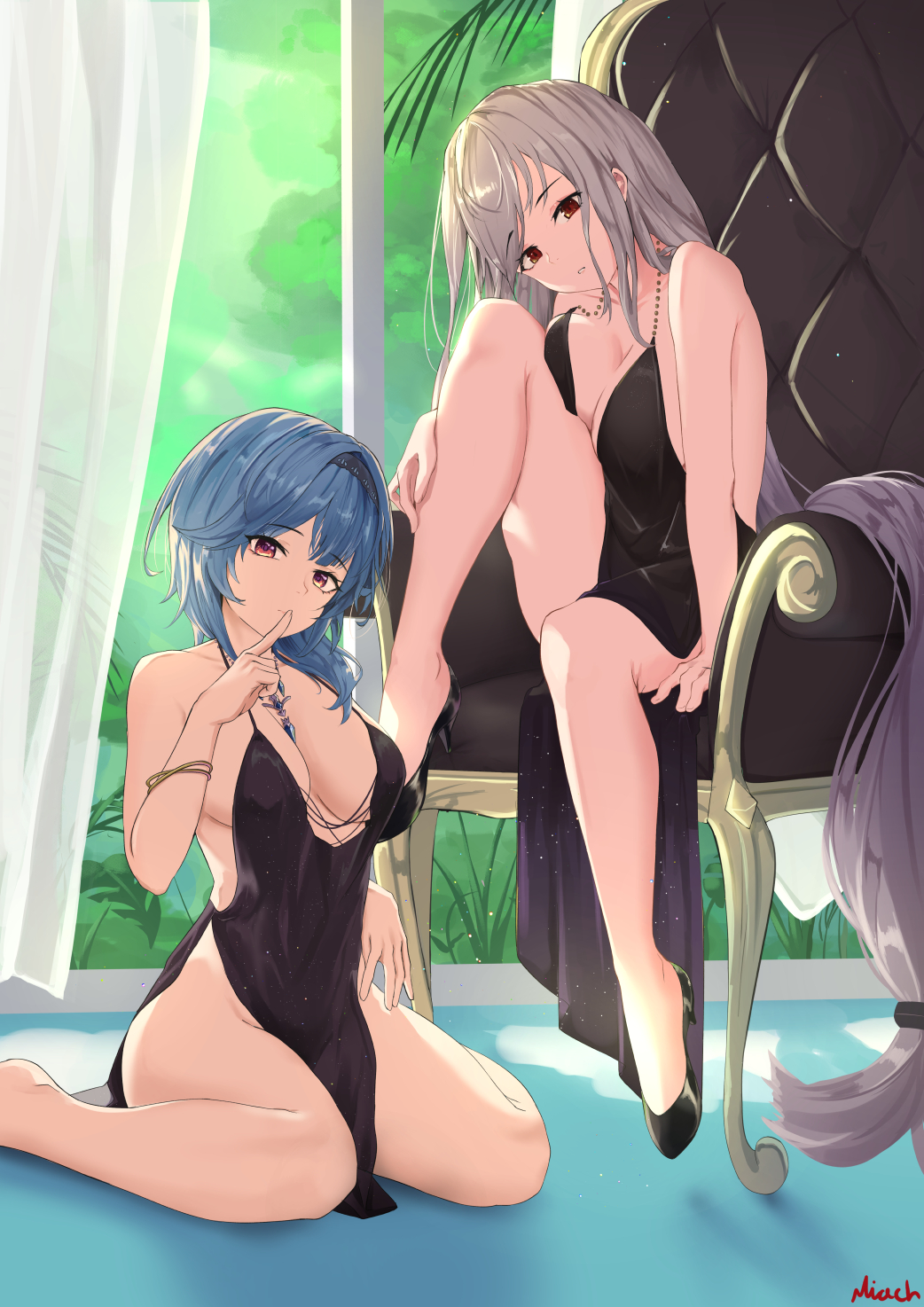 2girls alternate_costume arknights bangs bare_arms bare_legs bare_shoulders black_dress black_footwear black_hairband blue_hair breasts cleavage closed_mouth commentary curtains dress eula_lawrence eyebrows_visible_through_hair finger_to_mouth full_body genshin_impact hairband halter_dress halterneck hand_on_own_leg hand_up high_heels highres indoors jewelry large_breasts long_hair looking_at_viewer multiple_girls nev_(nevblindarts) on_chair parted_lips pendant purple_eyes red_eyes satou_rina seiyuu_connection shoes shushing signature silver_hair sitting skadi_(arknights) sleeveless sleeveless_dress very_long_hair