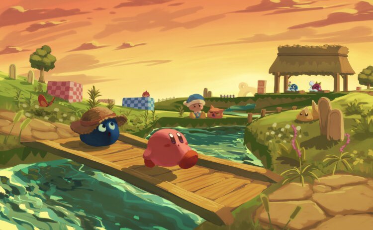 bobo_(kirby) bridge bug butterfly cattail checkered chip_(kirby) closed_eyes dot_mouth gooey gordo hat insect kirby kirby_(series) lalala_(kirby) lololo_(kirby) looking_up plant poppy_bros_jr river scarfy smile star_(symbol) sun_hat sunset suyasuyabi tree