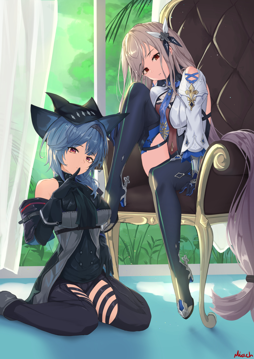 2girls arknights arm_cuffs ascot bangs bare_shoulders black_footwear black_gloves black_hairband black_headwear black_legwear black_neckwear black_pants black_shirt black_sleeves blue_hair blue_neckwear boots breasts closed_mouth clothing_cutout commentary cosplay costume_switch curtains detached_sleeves eula_lawrence eula_lawrence_(cosplay) eyebrows_visible_through_hair finger_to_mouth full_body genshin_impact gloves grey_jacket hair_ornament hairband hand_up hat high_heel_boots high_heels highres indoors jacket large_breasts leotard long_hair long_sleeves looking_at_viewer multiple_girls necktie nev_(nevblindarts) on_chair pants parted_lips purple_eyes red_eyes satou_rina seiyuu_connection shirt shoulder_cutout shushing signature silver_hair sitting skadi_(arknights) skadi_(arknights)_(cosplay) thigh_boots thigh_cutout thighhighs very_long_hair