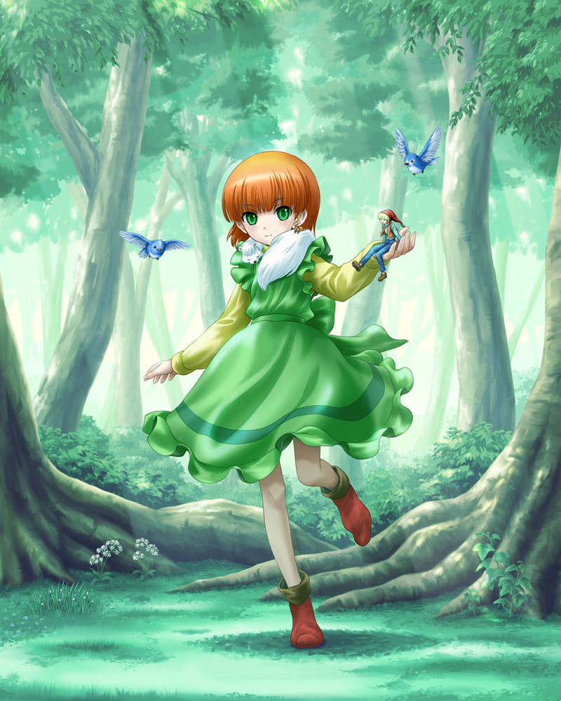 1boy 1girl animal bird bird_request blonde_hair blue_pants blue_shirt bob_cut bush carrot_(nils) closed_mouth commentary_request crossover dappled_sunlight dress eichikei_(hakuto) eyebrows_visible_through_hair flower forest grass green_dress green_eyes hamster holding_person ivy leg_up light_smile lily_(spoon_oba-san) long_sleeves looking_at_viewer miniboy mink_(animal) multicolored_footwear nature nils_holgersson nils_no_fushigi_na_tabi open_clothes open_mouth open_vest orange_hair orange_vest outdoors pants pointy_footwear pointy_hat red_headwear shirt short_hair sitting spoon_oba-san spoon_oba-san_(series) standing sunlight tree vest