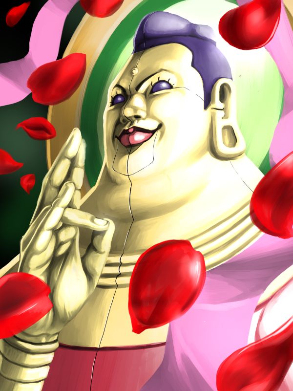 1boy bolerou01 buddha colored_sclera commentary_request double_chin ear_piercing fat gradient gradient_background halo joints long_earlobes maitreya petals piercing pink_sash portrait puffy_lips purple_hair purple_sclera robot_joints sash shin_megami_tensei shin_megami_tensei_iv_final short_hair solo very_short_hair