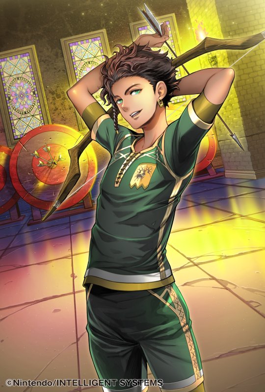 1boy alternate_costume arrow_(projectile) black_hair bow_(weapon) braid claude_von_riegan earrings fire_emblem fire_emblem:_three_houses fire_emblem_cipher green_eyes holding holding_arrow holding_bow_(weapon) holding_weapon indoors jewelry mosaic official_art target_practice torch toyota_saori weapon