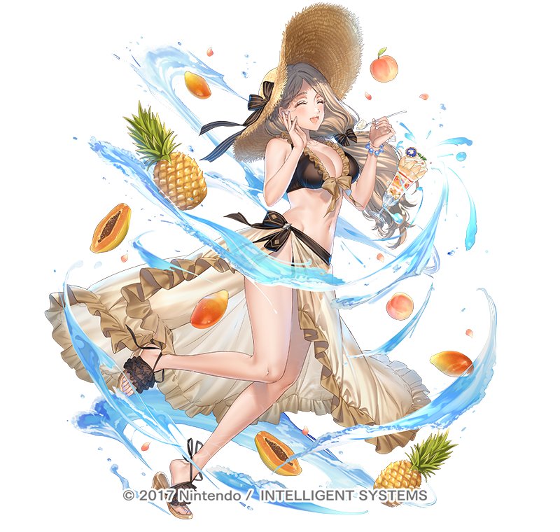 1girl alternate_costume bikini bikini_bottom bikini_top blonde_hair bow bracelet breasts cleavage closed_eyes cup drinking_glass drinking_straw fire_emblem fire_emblem:_three_houses fire_emblem_heroes food fruit hand_up hat jewelry kippu large_breasts legs long_hair looking_to_the_side mercedes_von_martritz midriff nail_polish navel official_art open_mouth petals pineapple ponytail purple_nails sandals simple_background smile solo spoon straw_hat summer swimsuit thighs white_background
