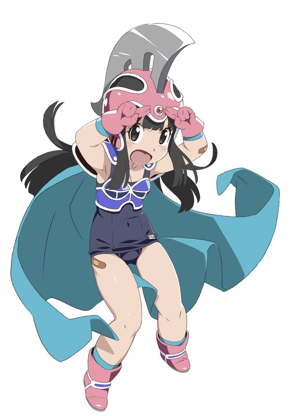 1girl aqua_cape aqua_legwear armpits arms_up bandaid bandaid_on_knee bangs black_eyes black_hair blush breasts cape chi-chi_(dragon_ball) child collarbone covered_navel dragon_ball dragon_ball_(classic) full_body gloves grey_background hat helmet highres long_hair looking_at_viewer open_mouth pink_footwear pink_gloves pink_headwear simple_background small_breasts socks solo watanabe_akio white_background