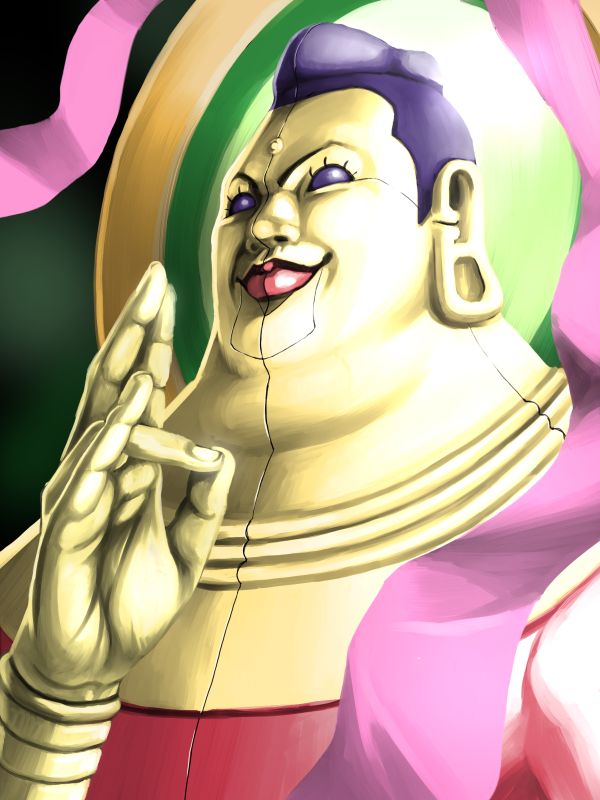 1boy bolerou01 buddha colored_sclera commentary_request double_chin ear_piercing fat gradient gradient_background halo joints long_earlobes maitreya piercing pink_sash portrait puffy_lips purple_hair purple_sclera robot_joints sash shin_megami_tensei shin_megami_tensei_iv_final short_hair solo very_short_hair